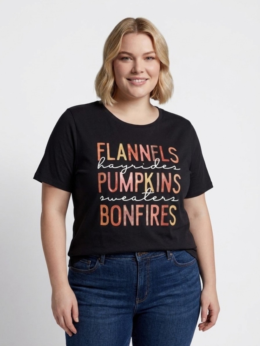 Woman Graphic Tee with Fall Lettering - Black